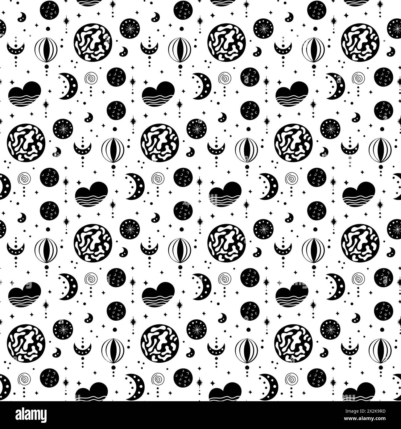 Motivi neo-folk senza cuciture con luna, nuvola, sole e stelle, design celeste bianco e nero. Crea sfondi infiniti in stile neo folk perfetti per Illustrazione Vettoriale