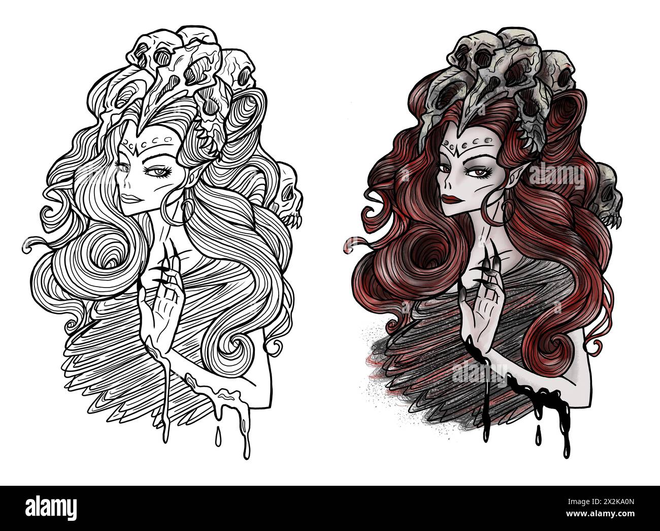 Spaventose illustrazioni fantasy incise con bella donna come demone con teschi in capelli. Concetto esoterico, mistico e gotico, sfondo Halloween, cha Foto Stock