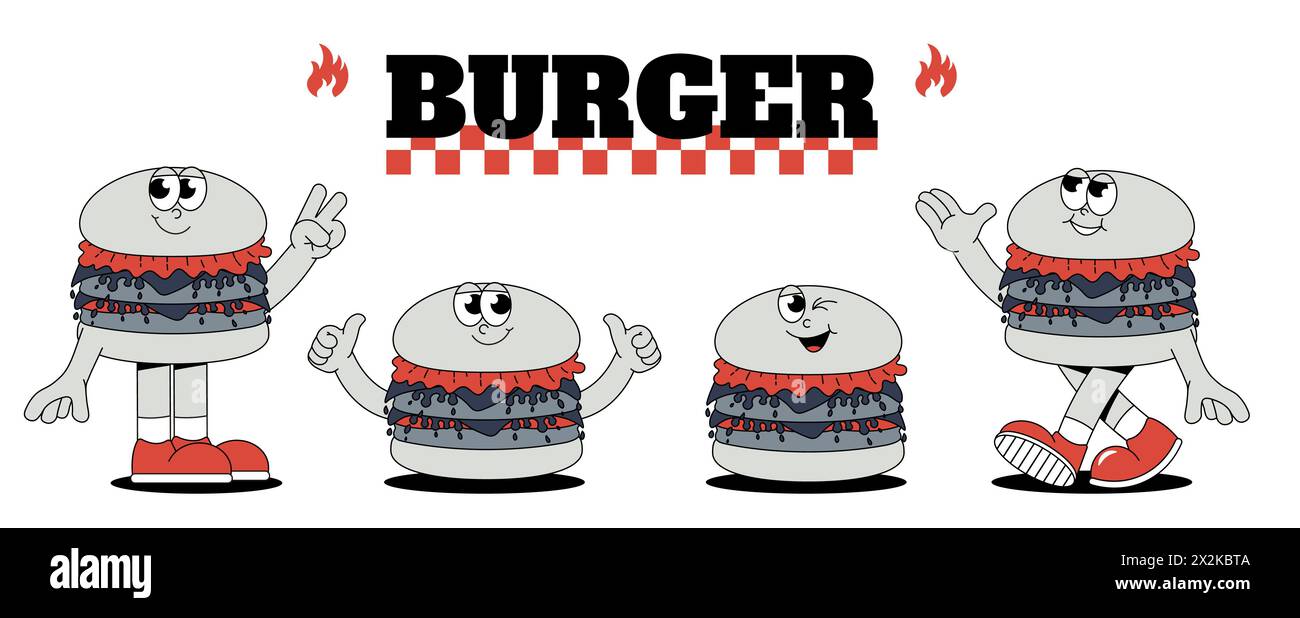 Un set per la consegna di hamburger in stile trendy retrò. Stravaganti adesivi con personaggi hamburger. Un'ottima maskot per caffè, bar e ristorante. Illustrazione Vettoriale