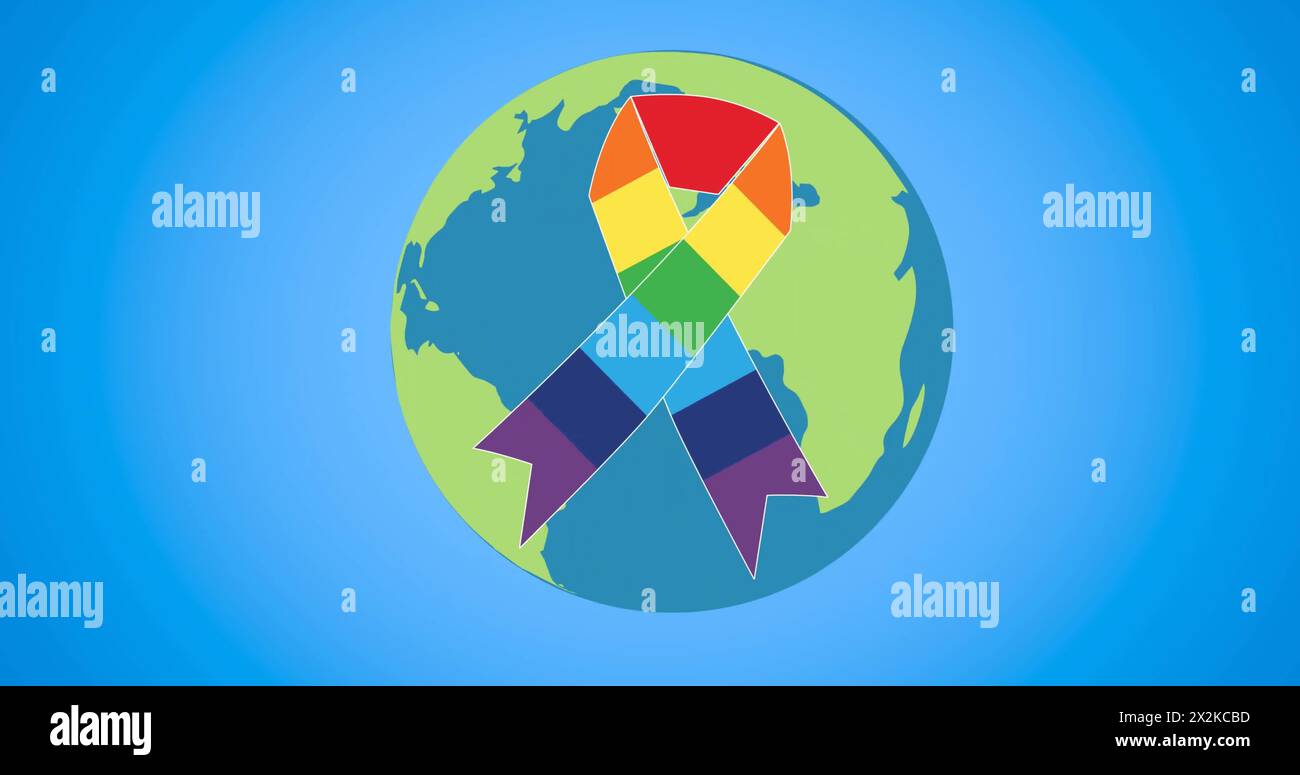 Immagine del nastro arcobaleno e del globo su sfondo blu Foto Stock