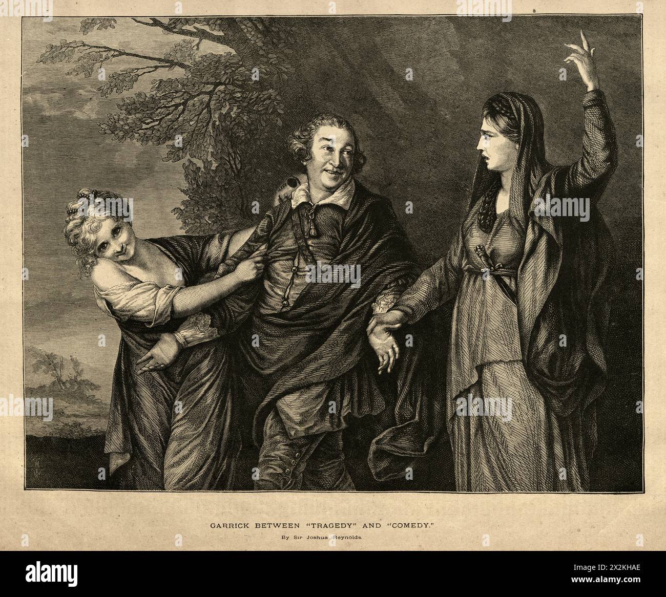 Illustrazione d'epoca Joshua Reynolds, David Garrick tra Tragedy e Comedy 18th Century Art Foto Stock