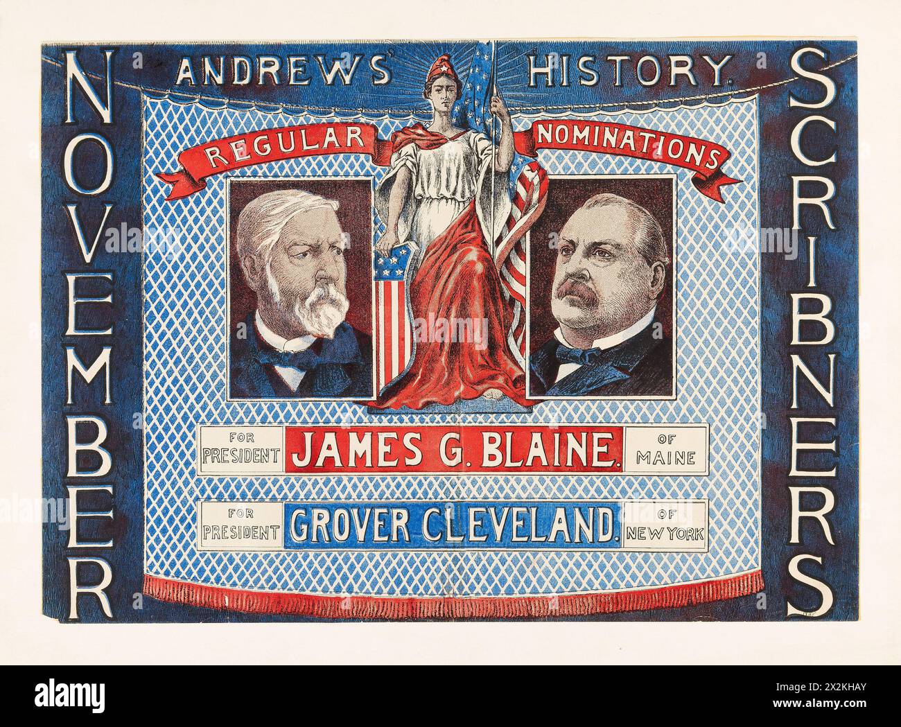 Poster della campagna - Grover Cleveland e James G. Blaine - "Street Banner" Scribners poster pubblicitario di novembre Foto Stock