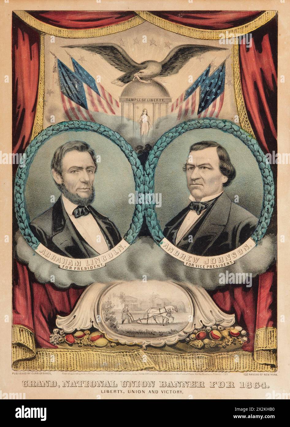 Grand National Union Banner for 1864 - Abraham Lincoln per il presidente e Andrew Johnson per il vicepresidente - Currier & Ives - poster della campagna Foto Stock