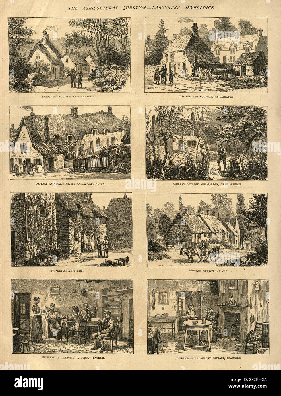 Illustrazione d'epoca, architettura rurale vittoriana, cottage dei lavoratori agricoli, anni '1870 Foto Stock