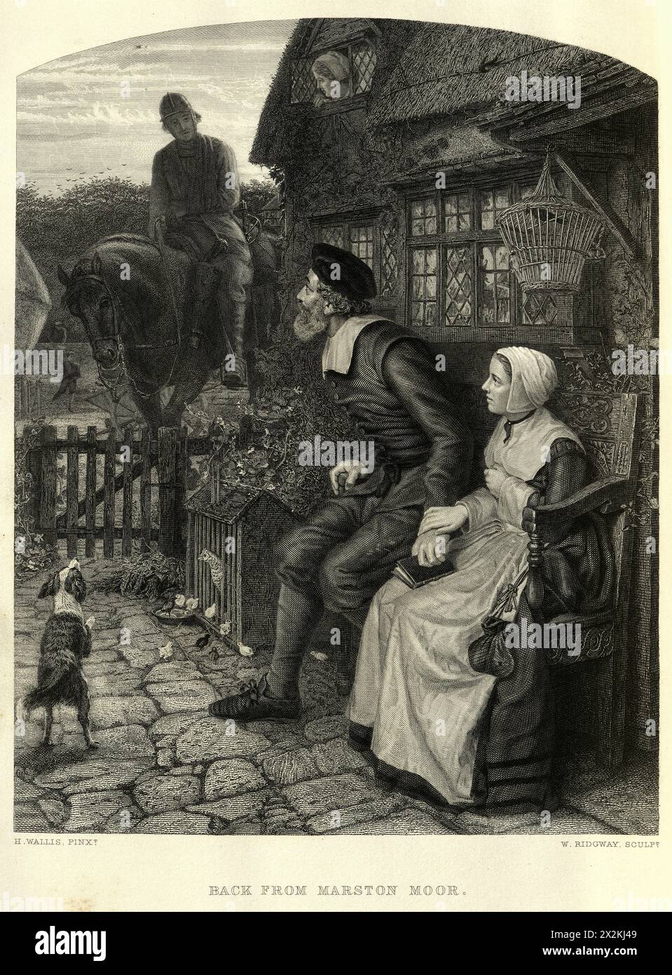 Illustrazione d'epoca, soldato che torna a casa dopo la battaglia di Marston Moor, le guerre civili inglesi, dopo aver dipinto H Wallis Foto Stock