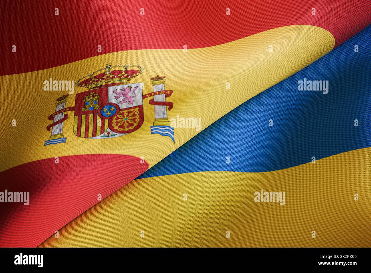 La Spagna e l'Ucraina si battono l'una contro l'altra. Concetto di partnership e negoziazione. Illustrazione con rendering 3D. Foto Stock