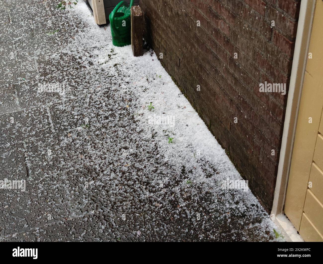 Le pietre di grandine giacciono sul marciapiede vicino a una casa dopo un'intensa tempesta di grandine in aprile. Foto Stock