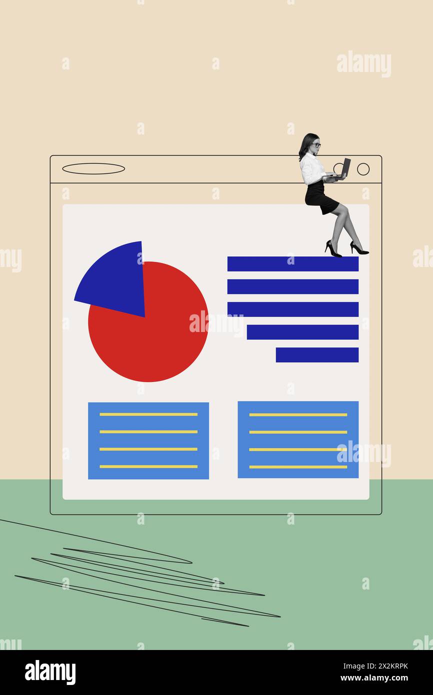 Immagine di schizzo grafica di tendenza composita collage di foto di giovane offie signora sedersi sulla pagina del sito web aspetto statistiche strategia azionaria lavoratore di successo Foto Stock