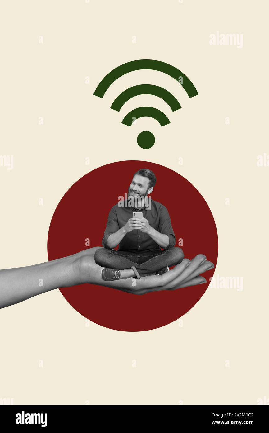 Collage fotografico 3D immagine di uno schizzo composito di un giovane ragazzo attraente seduto in posa di loto su un'enorme rete sociale di connessione wi-fi hotspot femminile Foto Stock