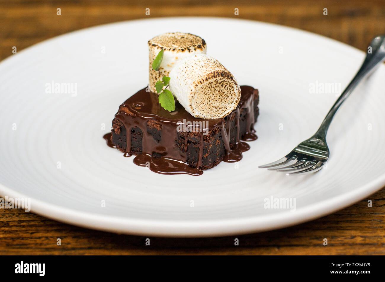 Brownie con salsa al cioccolato e s'mores su piatto bianco con forchetta sul tavolo del ristorante in legno Foto Stock