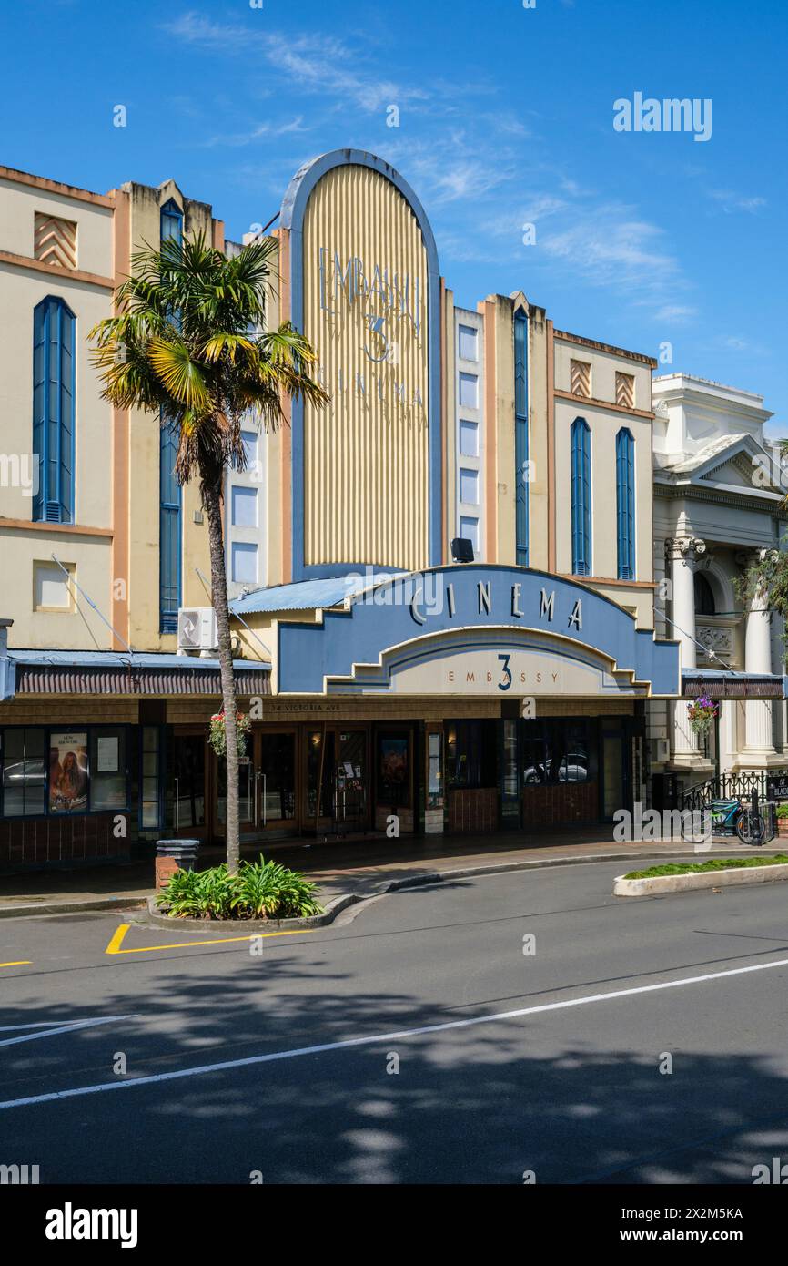 L'edificio Art Deco dell'Ambasciata 3 Cinema, Victoria Avenue, Whanganui, Manawatu-Whanganui, Isola del Nord, nuova Zelanda Foto Stock