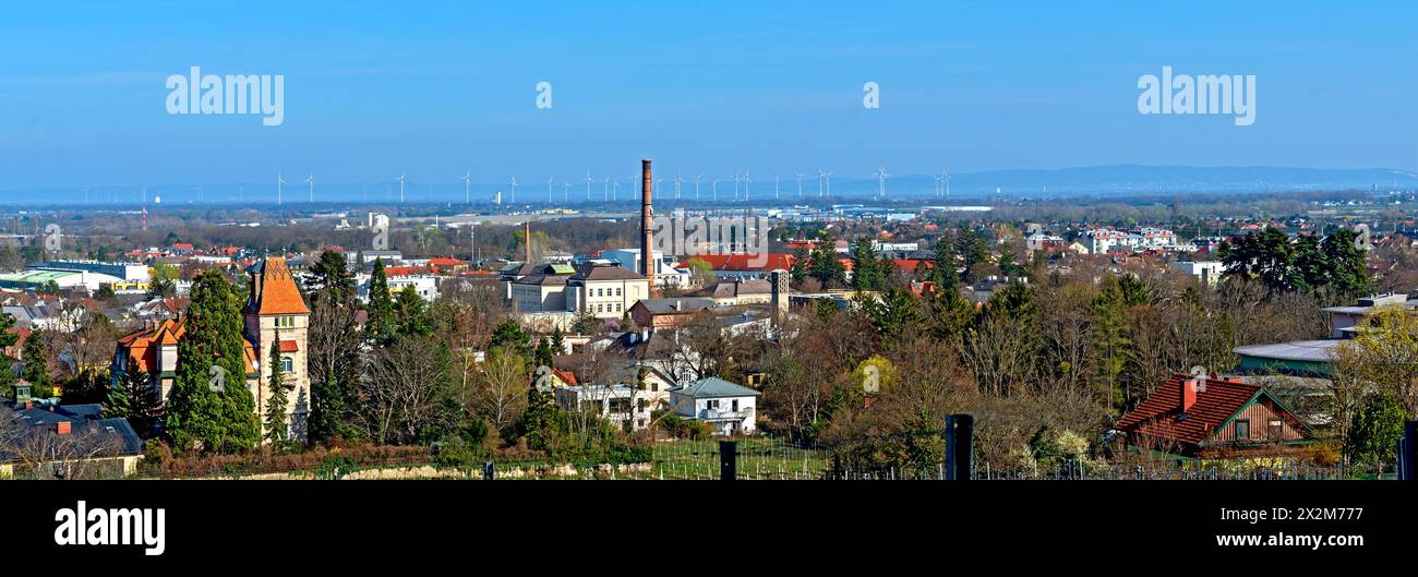 Vista panoramica da Bath Voeslau attraverso il bacino meridionale di Viennes fino alle montagne Leitha all'orizzonte, Austria Foto Stock