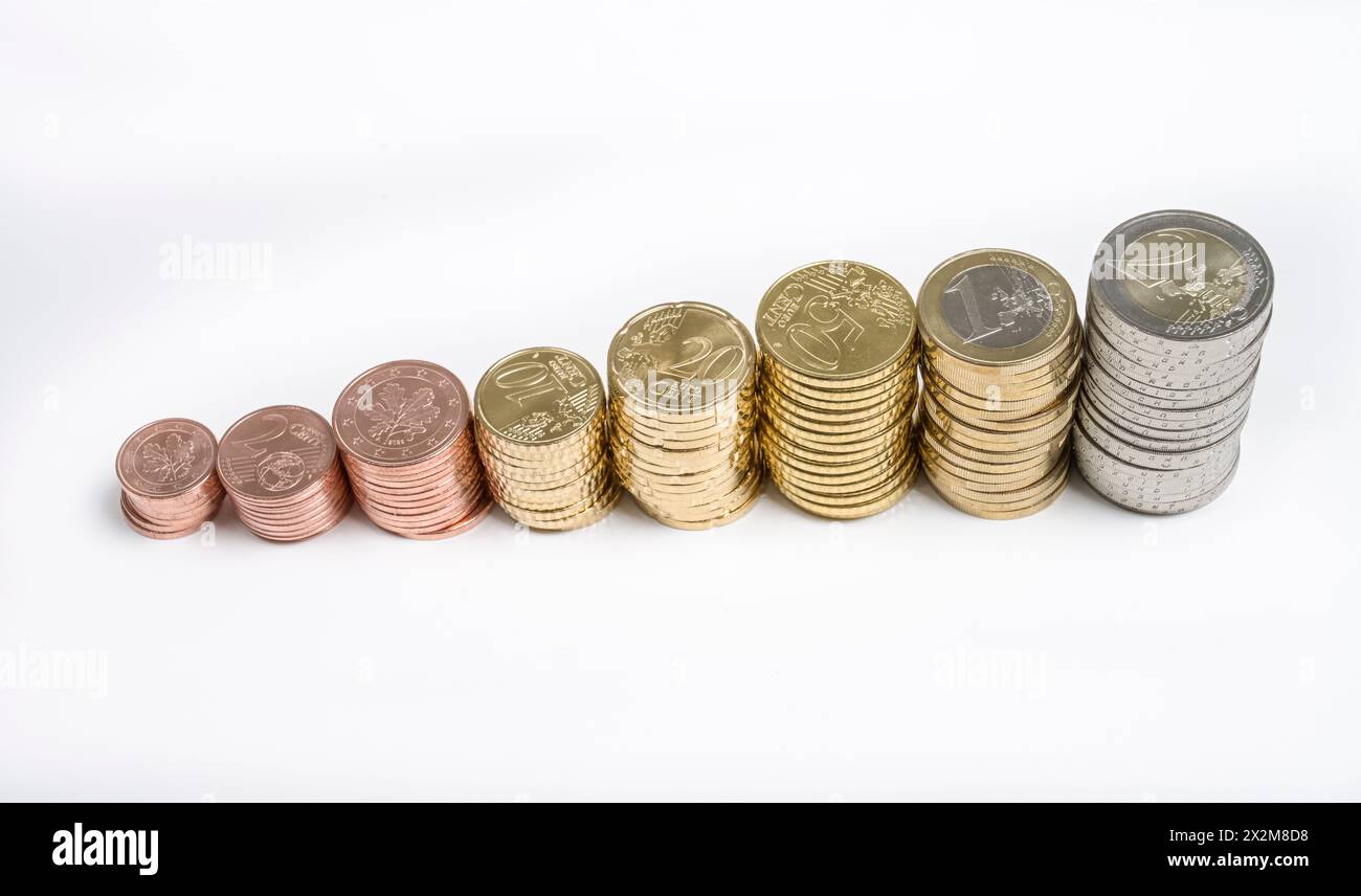 Stapel cent und Euromünzen aufsteigend Foto Stock