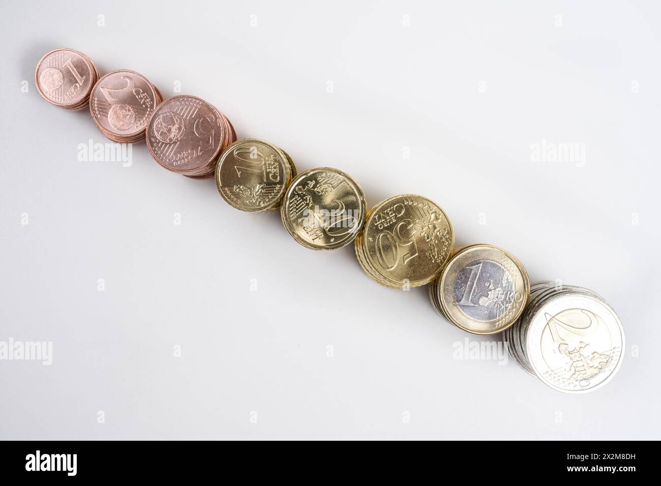 Stapel cent und Euromünzen aufsteigend Foto Stock