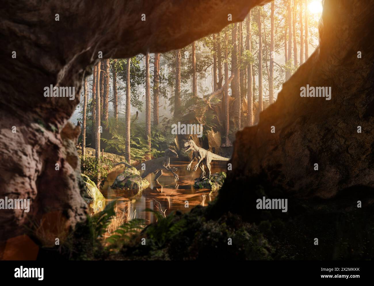 Dinosauri, rapaci nella foresta, illustrazione 3D. Foto Stock
