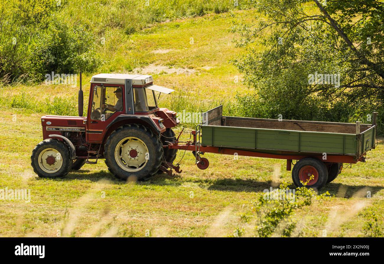 Ein Bauer ist mit seinem Traktor daran die Heuballen ins trockene zu bringen. Es ist der Vorrat für die Viehversorgung im Winter. (Bonndorf, Deutschla Foto Stock