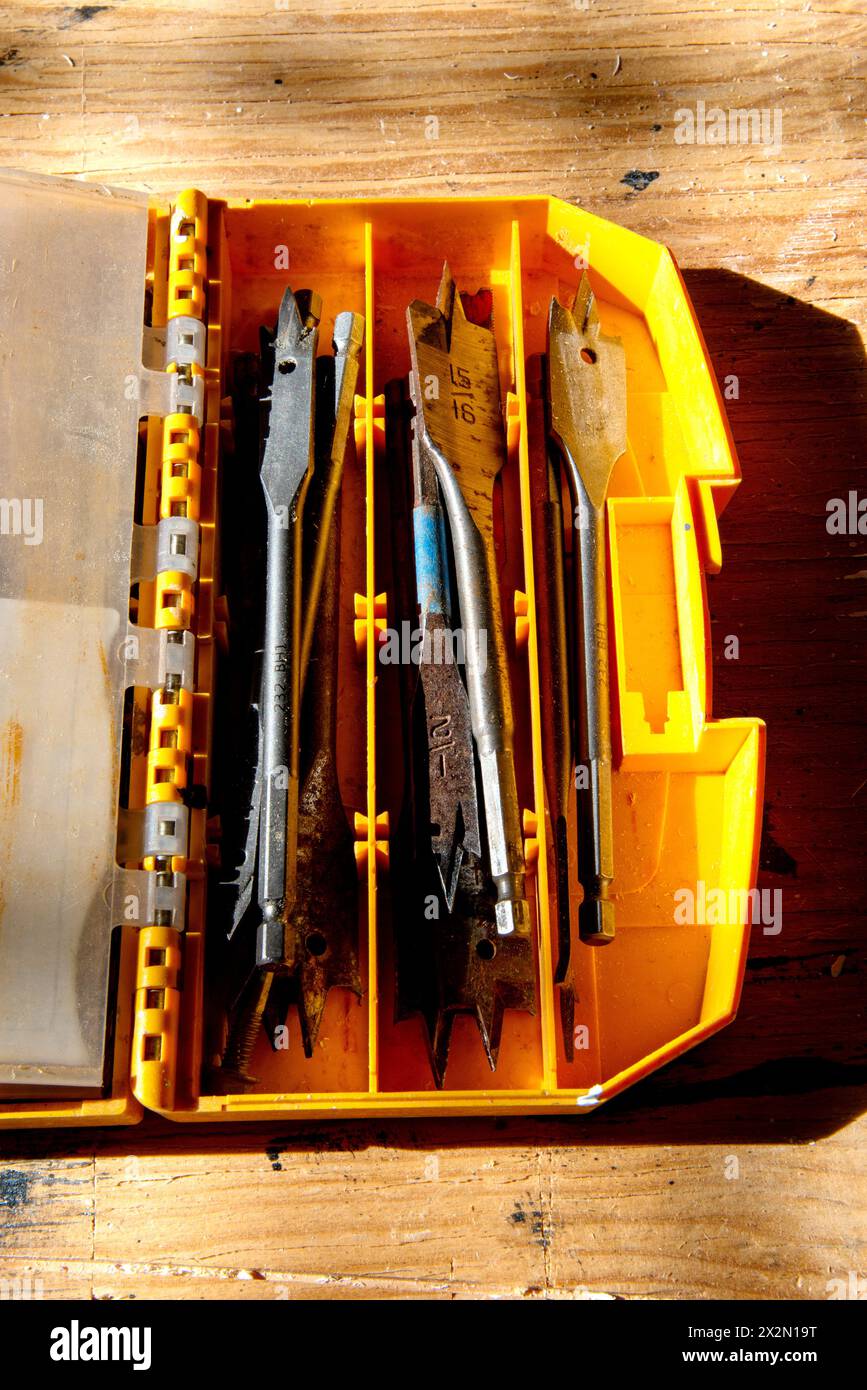Una selezione di punte da trapano utilizzate in un progetto di carpenteria. Cary, Carolina del Nord Foto Stock