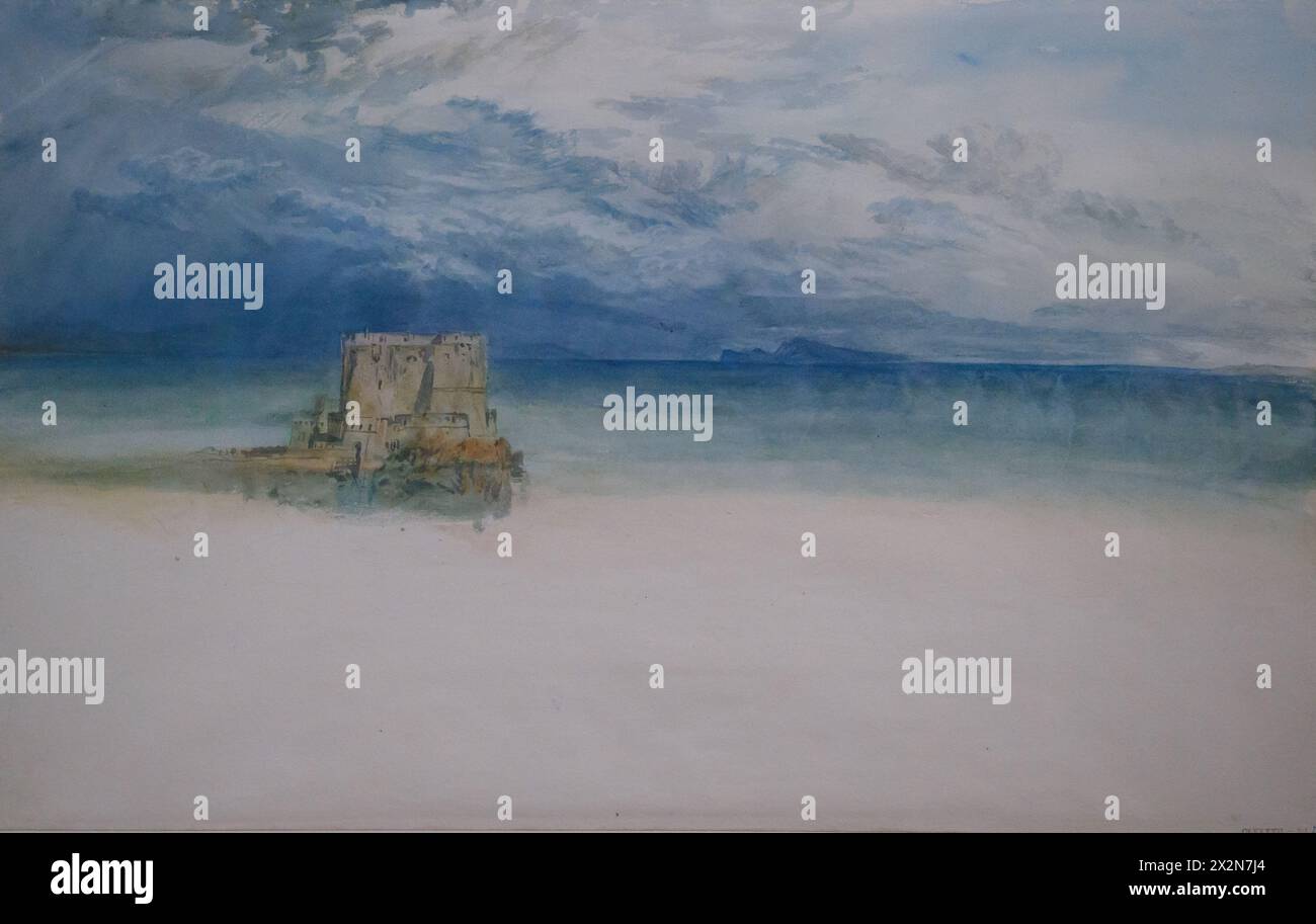 Castel dell'Ovo, Napoli, con Capri in lontananza di Joseph Mallord William Turner (1775-1851), 1819, matita e acquerello su carta Foto Stock