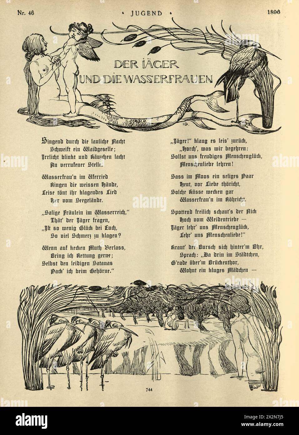 Illustrazione vintage Sirenetta o sprite d'acqua, fantasia, fiaba, mitologia, tedesco, Jugendstil, Art Nouveau, anni '1890, XIX secolo. Foto Stock