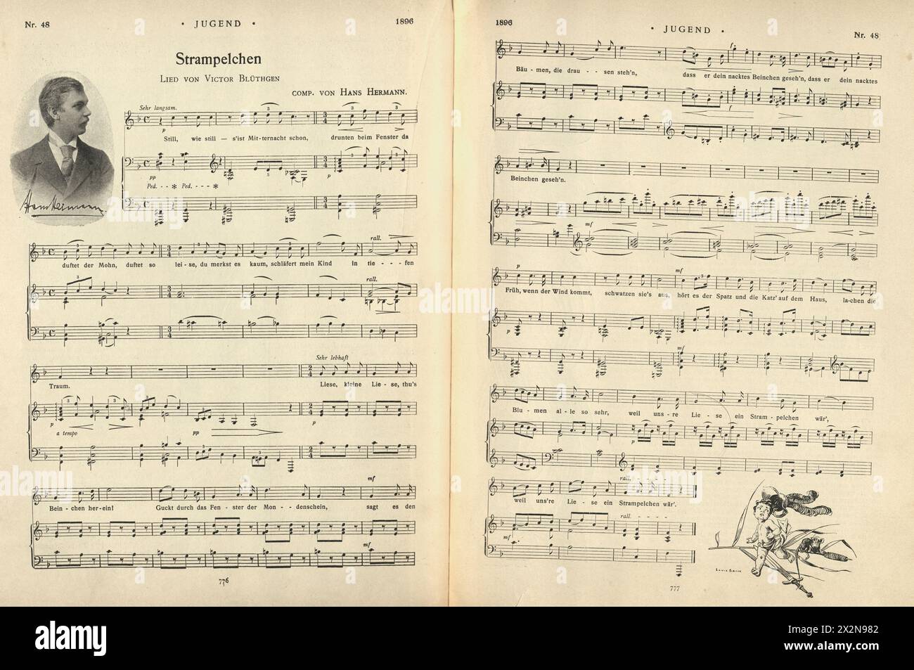 Illustrazione d'epoca, spartito musicale vittoriano, Strampelchen, Victor Bluthgen, Hans Hermann, Jugendstil, Art Nouveau, anni '1890, XIX secolo. Foto Stock