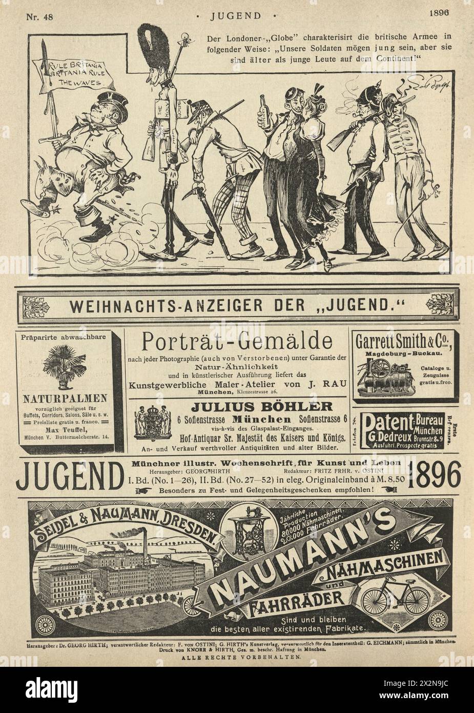 Cartoon, John Bull, British Soldiers, Naumann's Factory, Old German Magazine Page, Advertits, Jugend, 1890s 19th Century Foto Stock