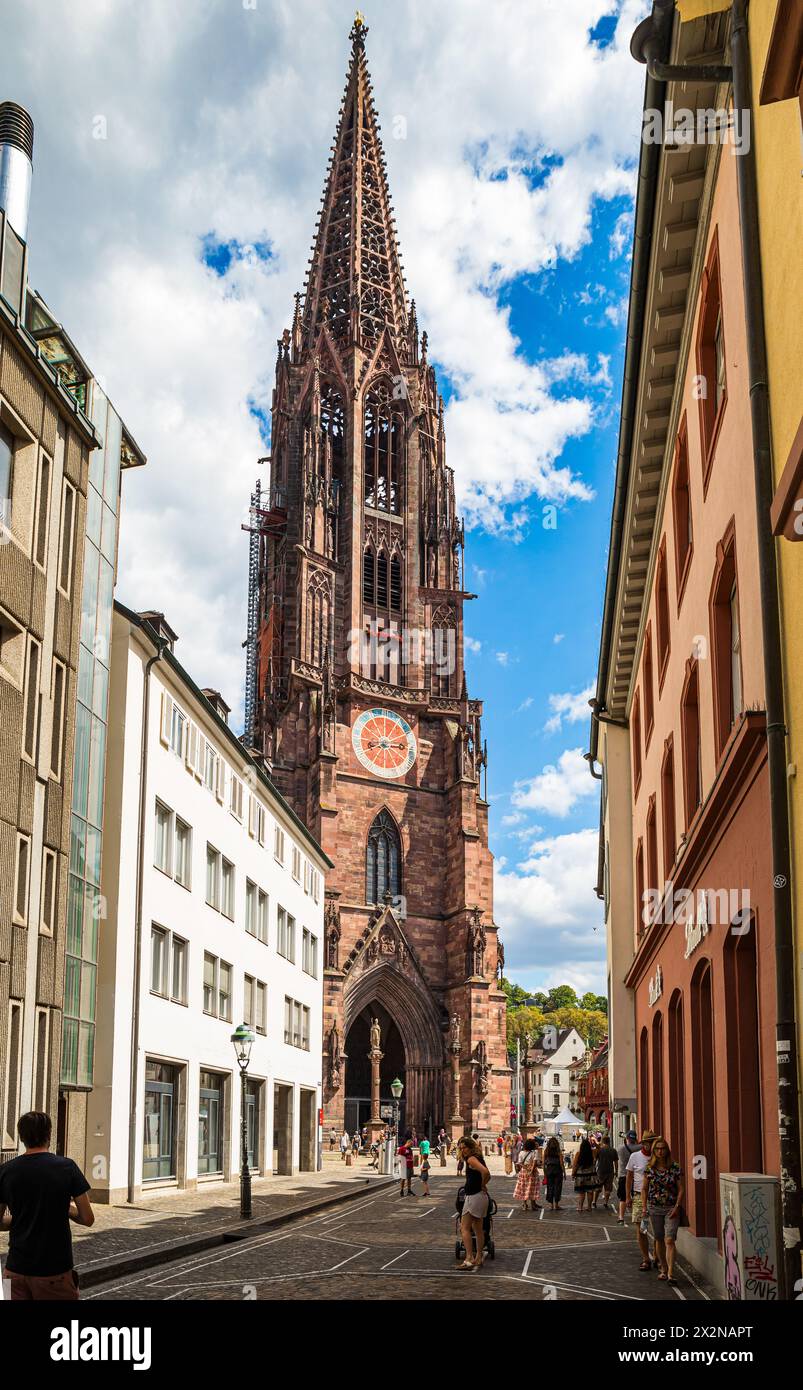 Blick von der Altstadt zum Münster Freiburg, welches im gotischen Baustill gebaut wurde. (Friburgo in Brisgovia, Deutschland, 07.08.2022) Foto Stock
