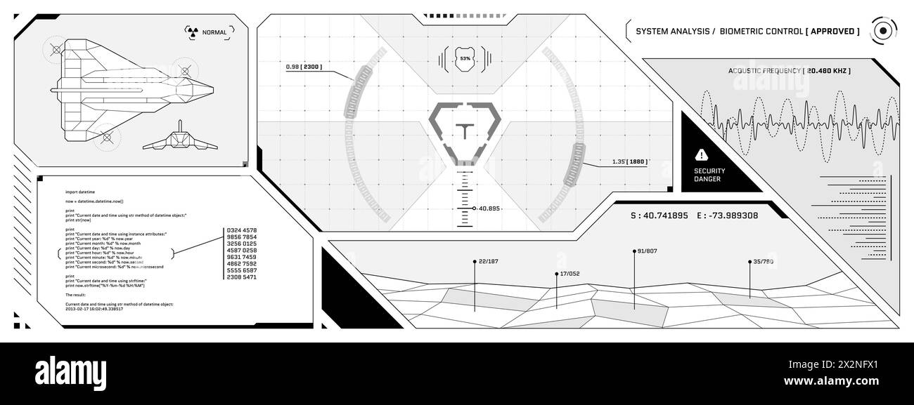 Pannello di controllo futuristico VR HUD cyberspazio. Obiettivo del display head-up e schermo del centro comandi dell'interfaccia utente. Interfaccia GUI per realtà virtuale digitale con visiera hi tech. Cruscotto della cabina di pilotaggio di FUI Sci Fi Illustrazione Vettoriale