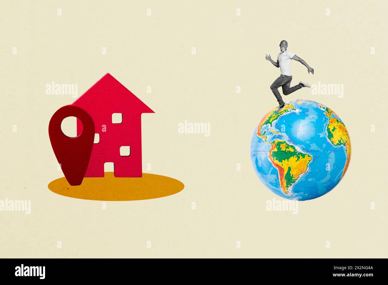 Immagine collage verticale di un mini effetto bianco nero Guy Run World Globe home mark isolato su sfondo verde Foto Stock