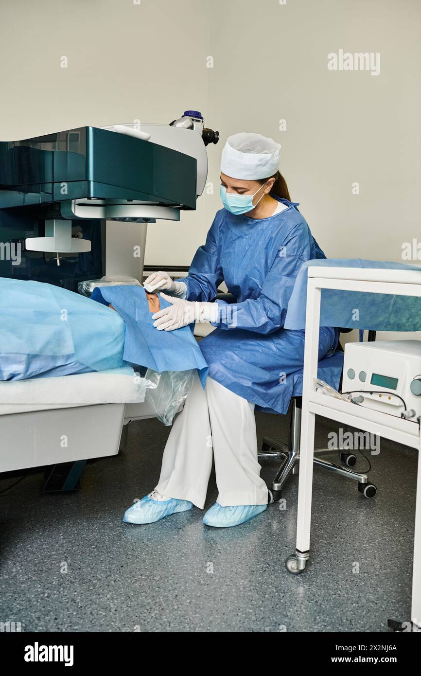 Una donna in un abito ospedaliero gestisce una macchina per la correzione della visione laser. Foto Stock