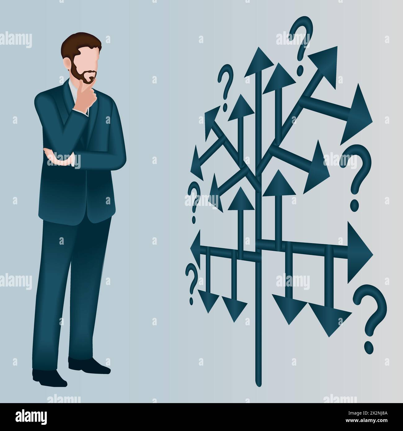 Un uomo utilizza un albero decisionale per identificare un problema o un'opportunità nel processo decisionale. Concetto di business. Illustrazione vettoriale 2D. Illustrazione Vettoriale