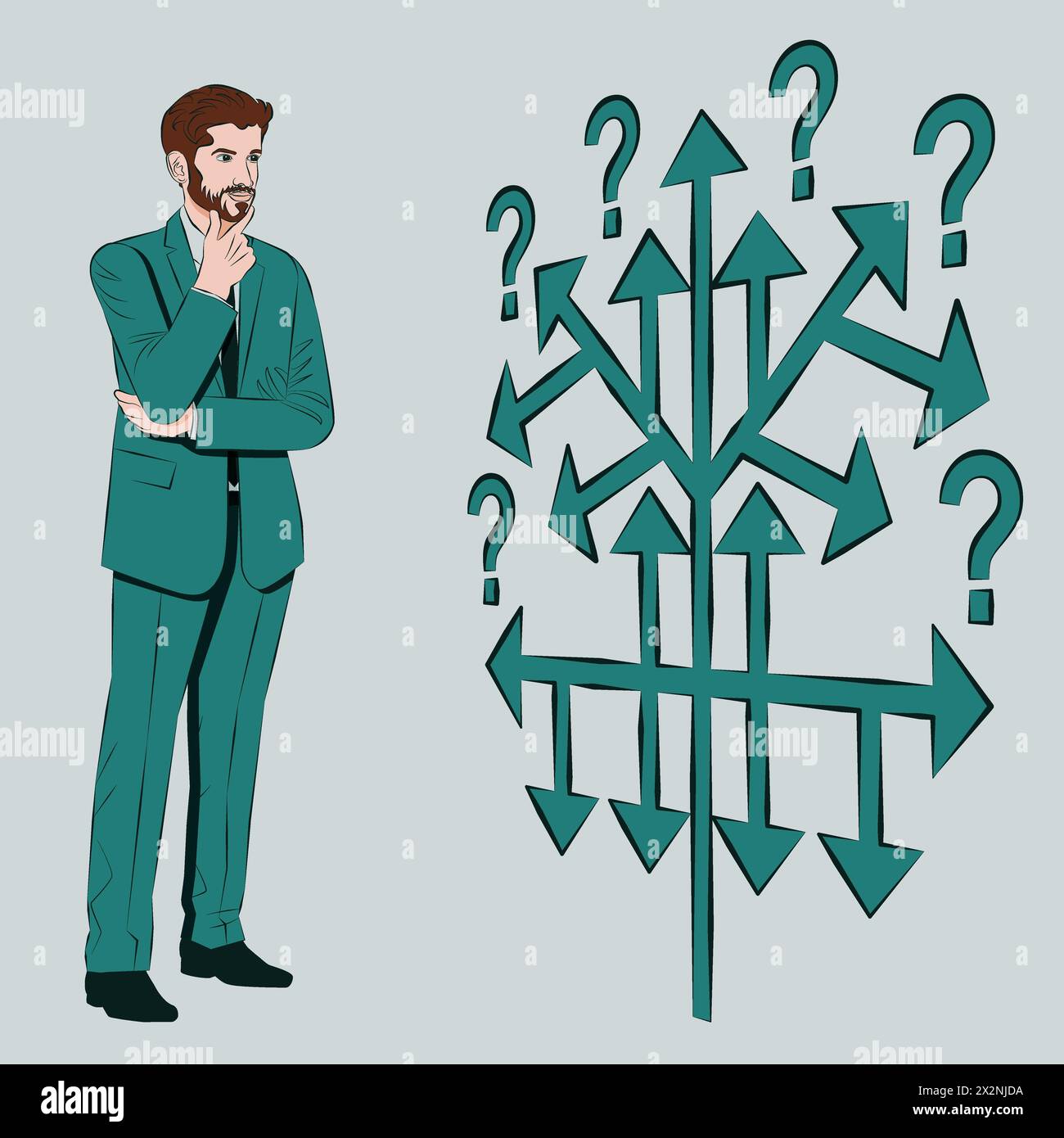 Un uomo utilizza un albero decisionale per identificare un problema o un'opportunità nel processo decisionale. Concetto di business. Illustrazione vettoriale. Illustrazione Vettoriale
