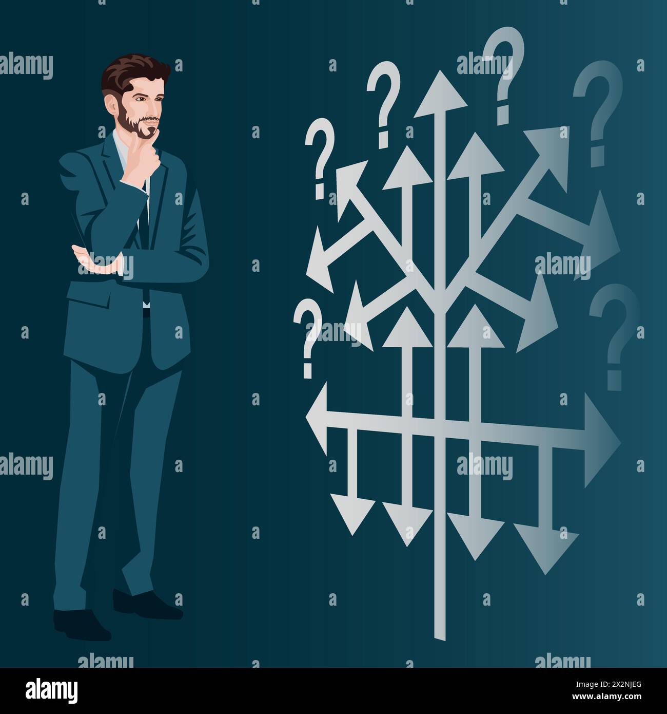 Un uomo utilizza un albero decisionale per identificare un problema o un'opportunità nel processo decisionale. Concetto di business. Illustrazione vettoriale piatta. Illustrazione Vettoriale