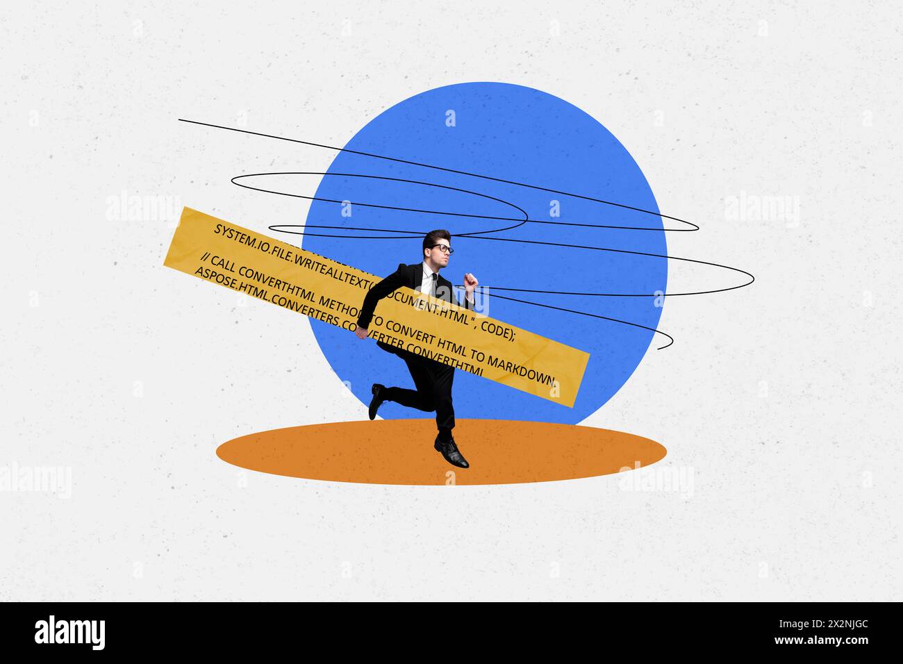 Immagine grafica collage di un lavoratore sicuro e affrettato che esegue con sfondo bianco isolato in codice informatico Foto Stock