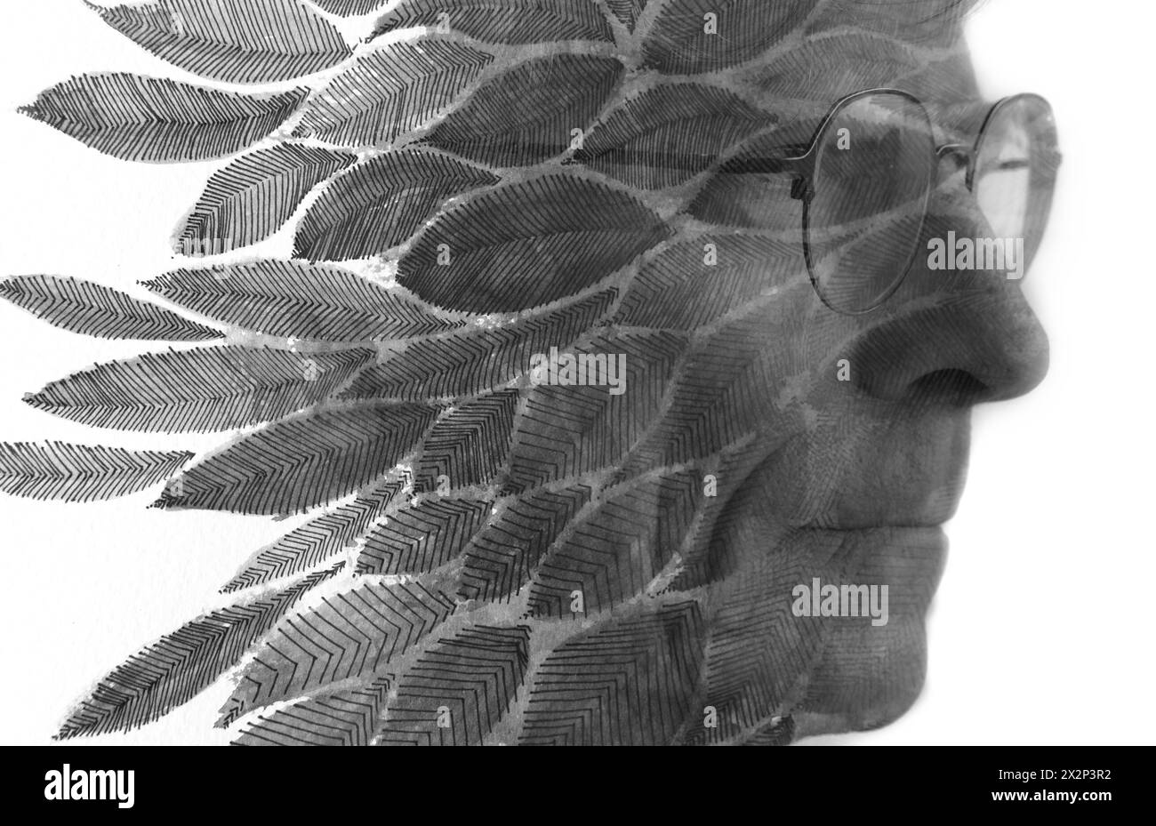 Una pittografia artistica in bianco e nero di un profilo di un uomo con gli occhiali Foto Stock