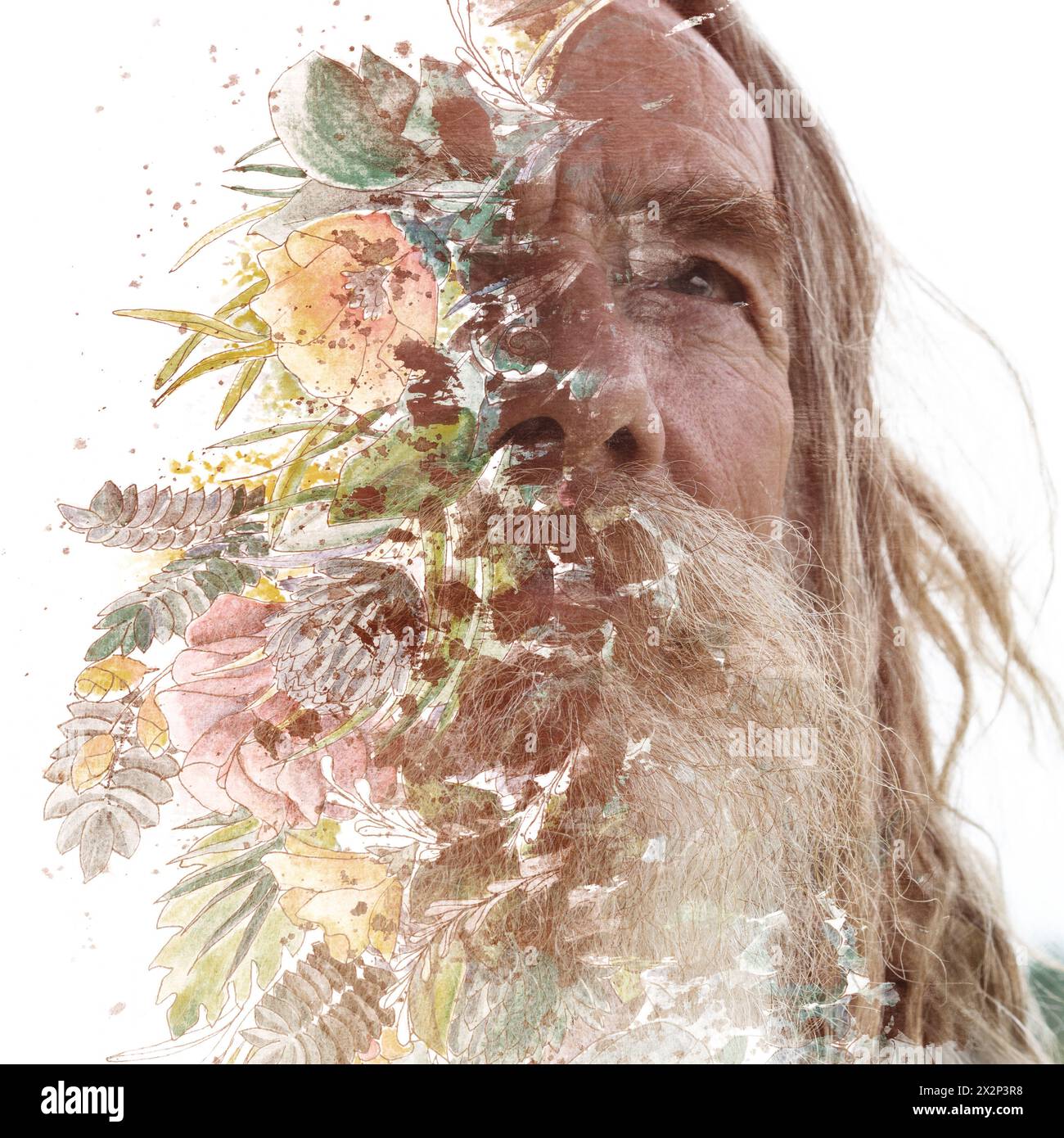 La pittura di un uomo barbuto si è fusa con un dipinto floreale in doppia esposizione Foto Stock