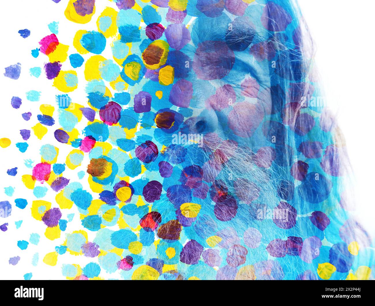Un colorato ritratto pittorico in stile pointelle di un vecchio barbuto Foto Stock