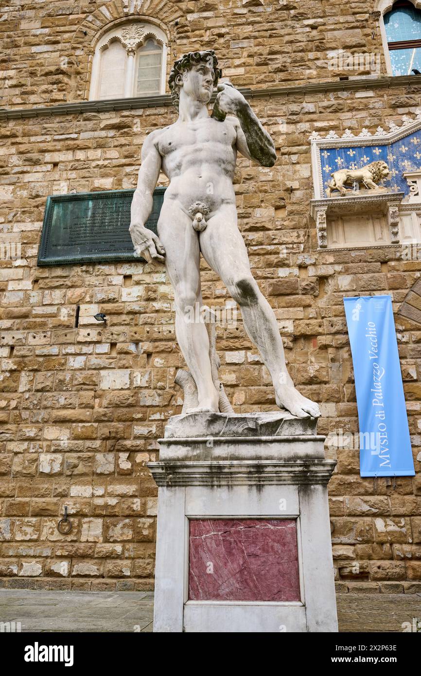 Statua del David, Palazzo Vecchio, Piazza della Signoria, Firenze, Toscana, Italia Foto Stock