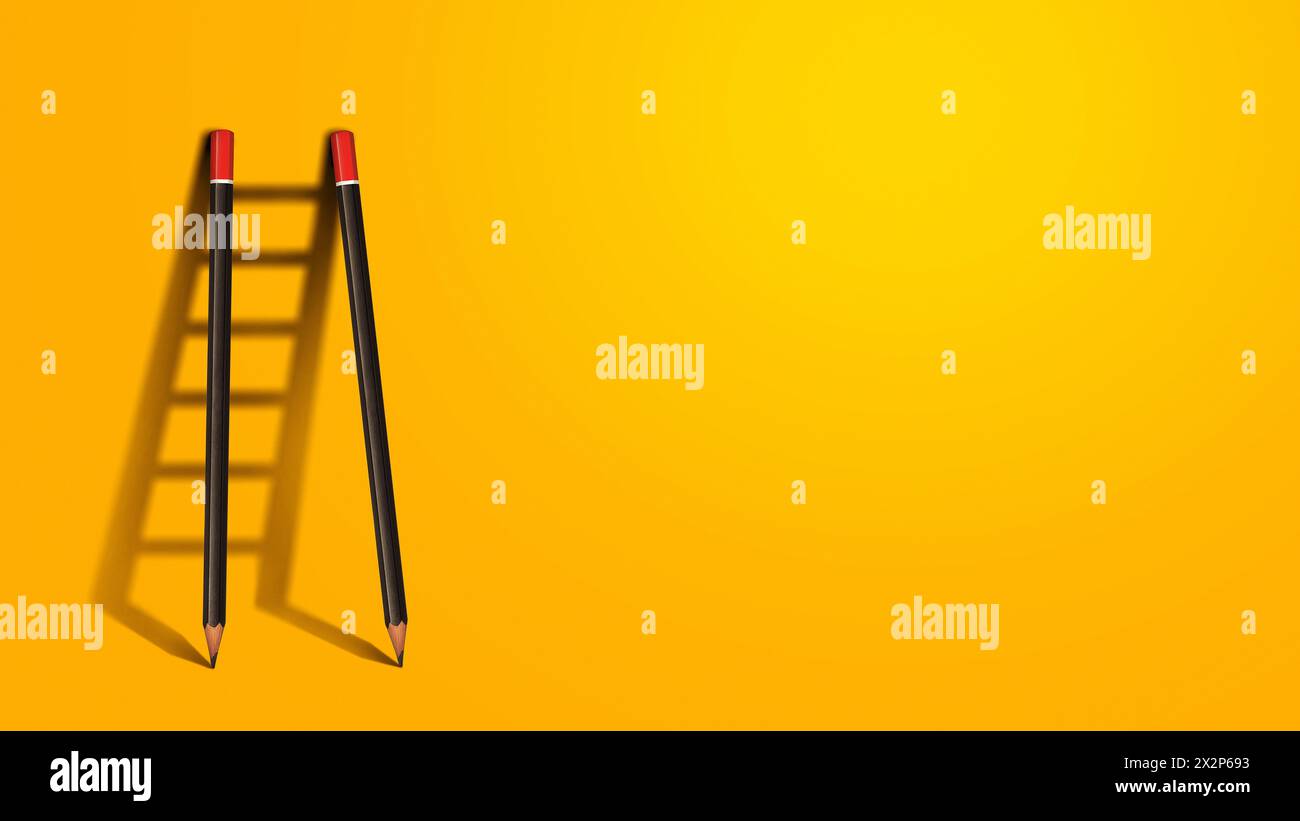 Concetto creativo di successo, scala a matita. Le matite si trovano vicino A Una parete gialla con Un'ombra di Una scala, un'idea creativa. Sviluppo e successo. Pensa a DIF Foto Stock