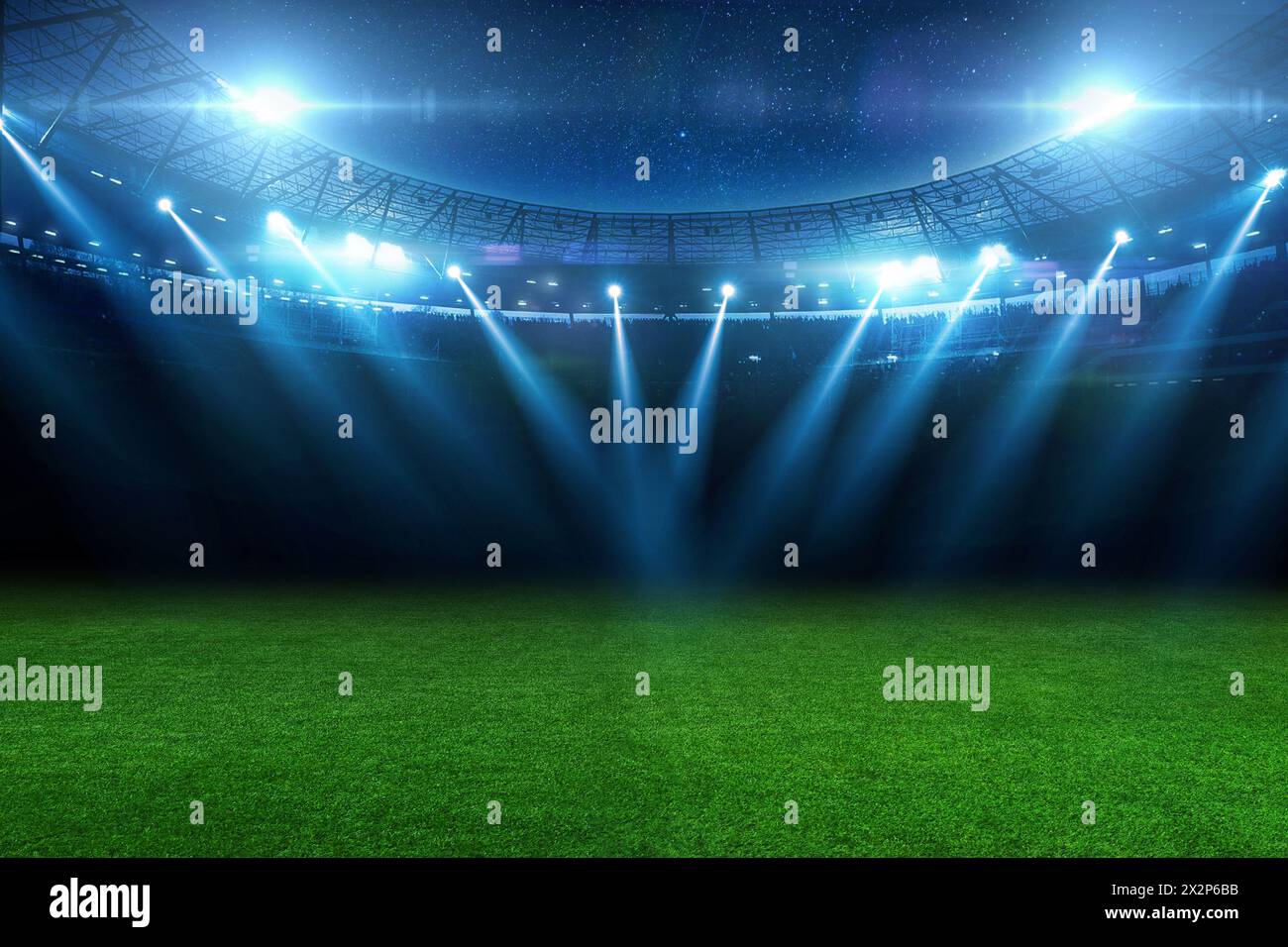 Lo splendido stadio sportivo con campo da erba verde risplende di luci blu di notte con stelle. Torneo sportivo, Campionato del mondo Foto Stock