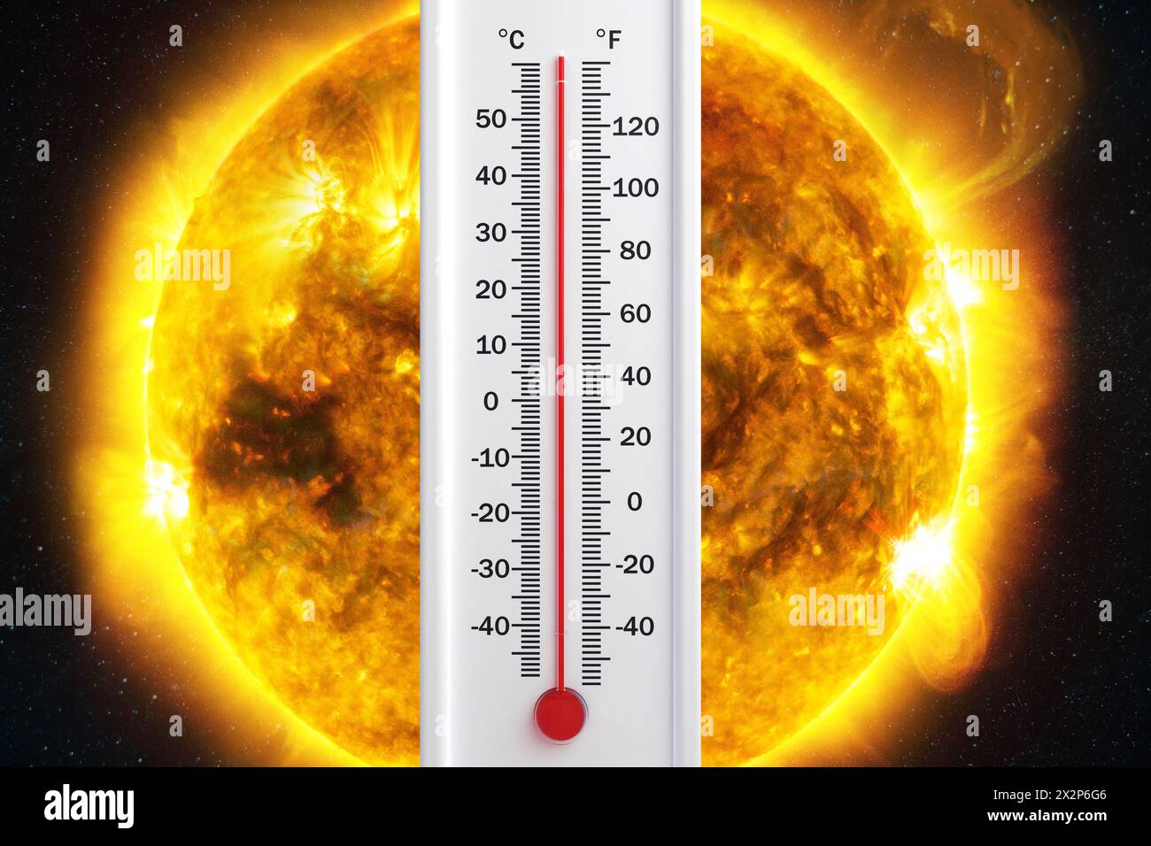 Il termometro mostra una temperatura calda anomala sullo sfondo del concetto Burning Planet Earth. Riscaldamento globale, idea creativa. Clima Foto Stock