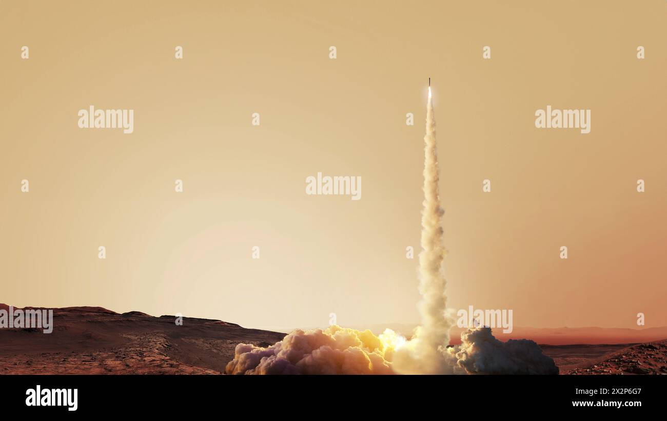 La navicella spaziale Rocket decolla con Smoke and Blast sul pianeta rosso Marte. Missione spaziale su Marte, idea creativa. Lancio di Rocket su Marte riuscito Foto Stock