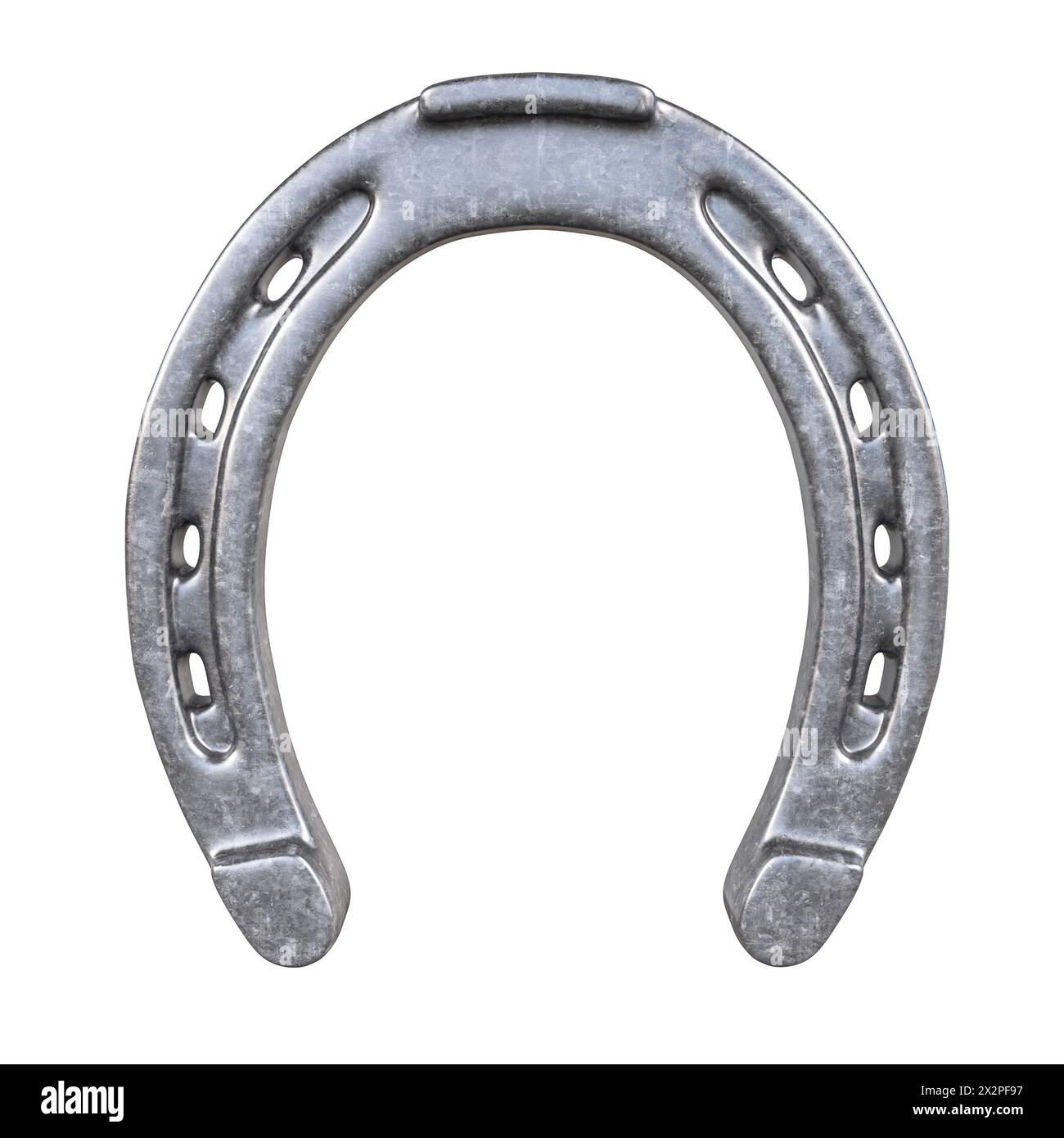 Ferro di cavallo in metallo lucido con texture dettagliata isolata su uno sfondo bianco. rendering 3d. Foto Stock