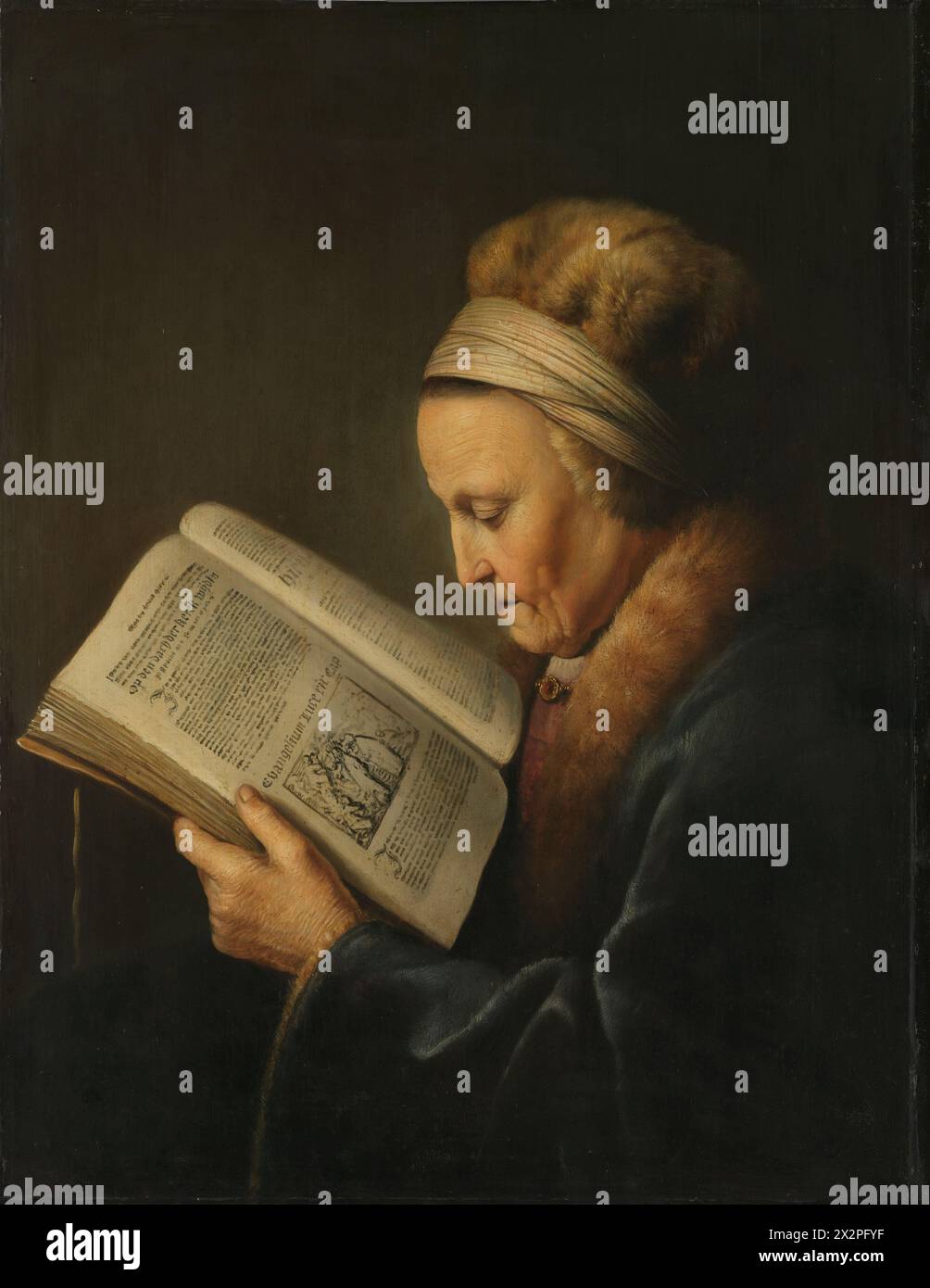 Donna anziana che legge, Gerard Dou, c. 1631 - c. 1632 olio su pannello, h 71 cm x l 55 cm x p 1,1 cm ulteriori dettagli Foto Stock