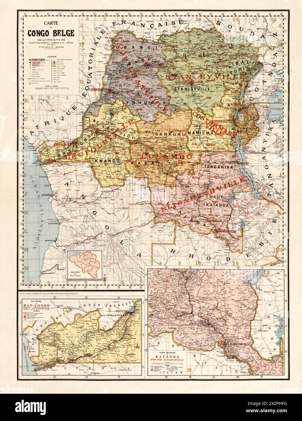 Mappa storica del Congo belga, ora Repubblica Democratica del Congo. mappa del 1896 con divisioni politiche Foto Stock