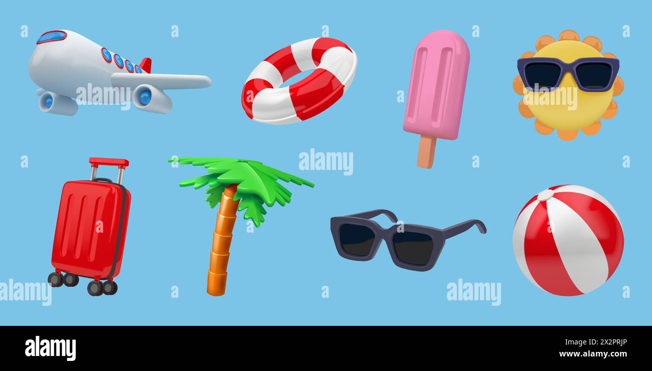 Icone della spiaggia. Vacanze estive in 3D o oggetti da viaggio. Viaggio di vacanza. Occhiali da sole e palme tropicali. Ombrellone per prendere il sole. Rendering di un aereo e un accessorio per palline di mare. Gelato. Borsa per i turisti. Set di cartoni animati vettoriali Illustrazione Vettoriale