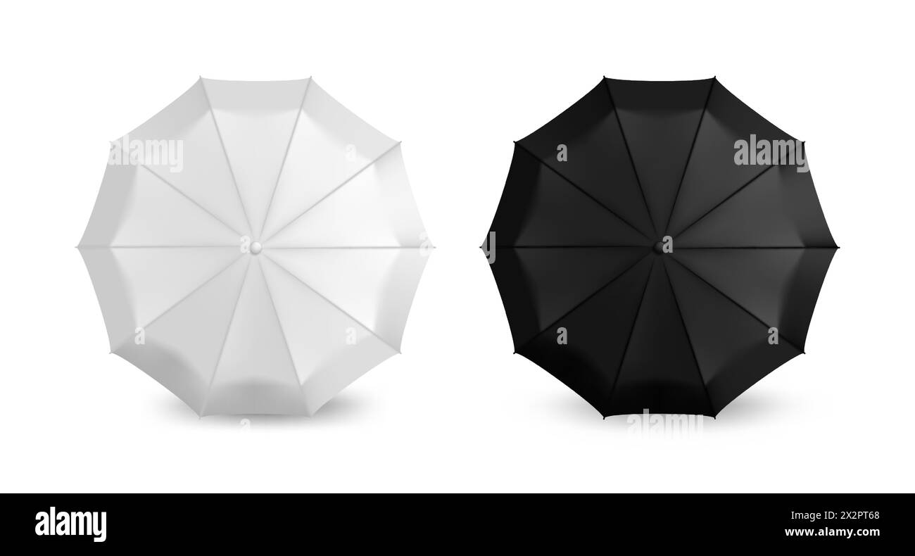 Ombrello realistico. Modello per ombrelloni per il branding. Vista dall'alto della tettoia solare impermeabile aperta. Design bianco e nero. Tempo piovoso. Tende automatiche. Elegante set di accessori 3D con protezione contro la pioggia vettoriale Illustrazione Vettoriale