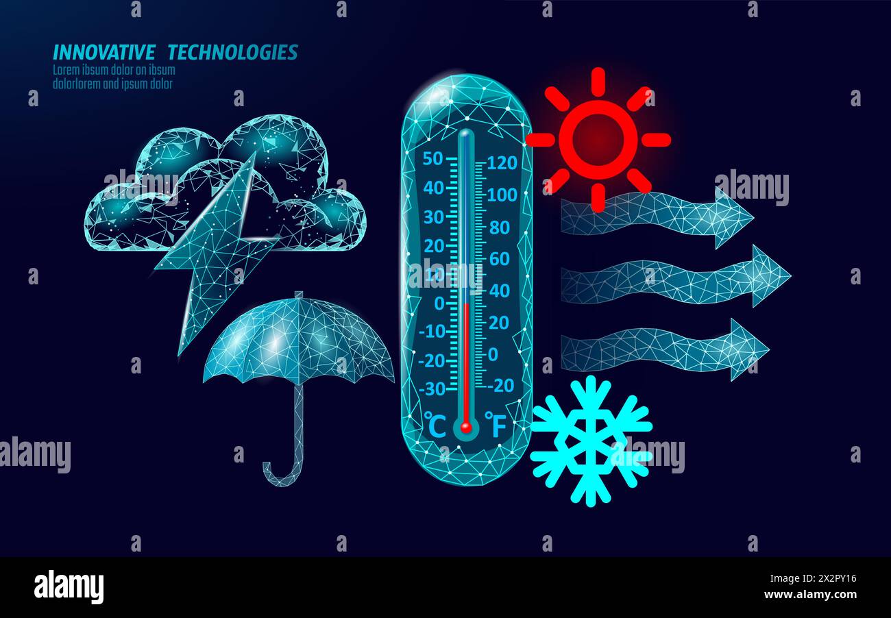 Elementi 3D meteo. Interfaccia utente banner di previsione app mobile con ombrello pioggia termometro simboli vento. Illustrazione del vettore poly scuro basso. Illustrazione Vettoriale