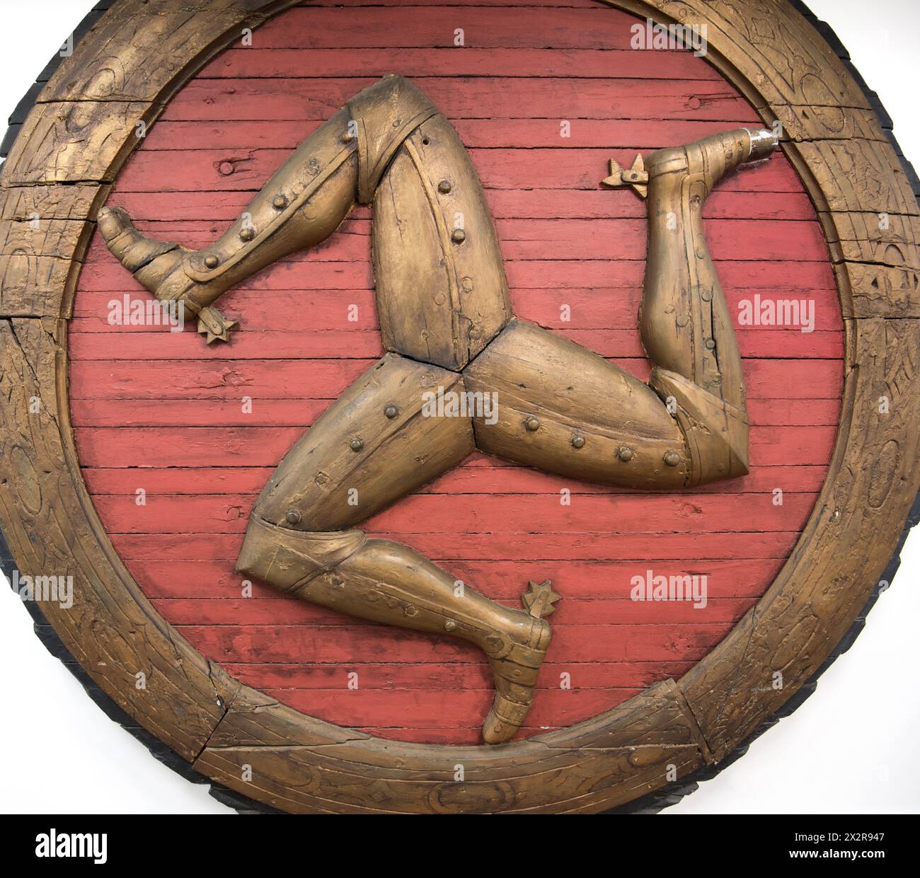 Tre zampe di Mann, emblema nazionale Isola di Man. Sembrano essere state adottate nel XIII secolo come stemma reale per tre re. Foto Stock