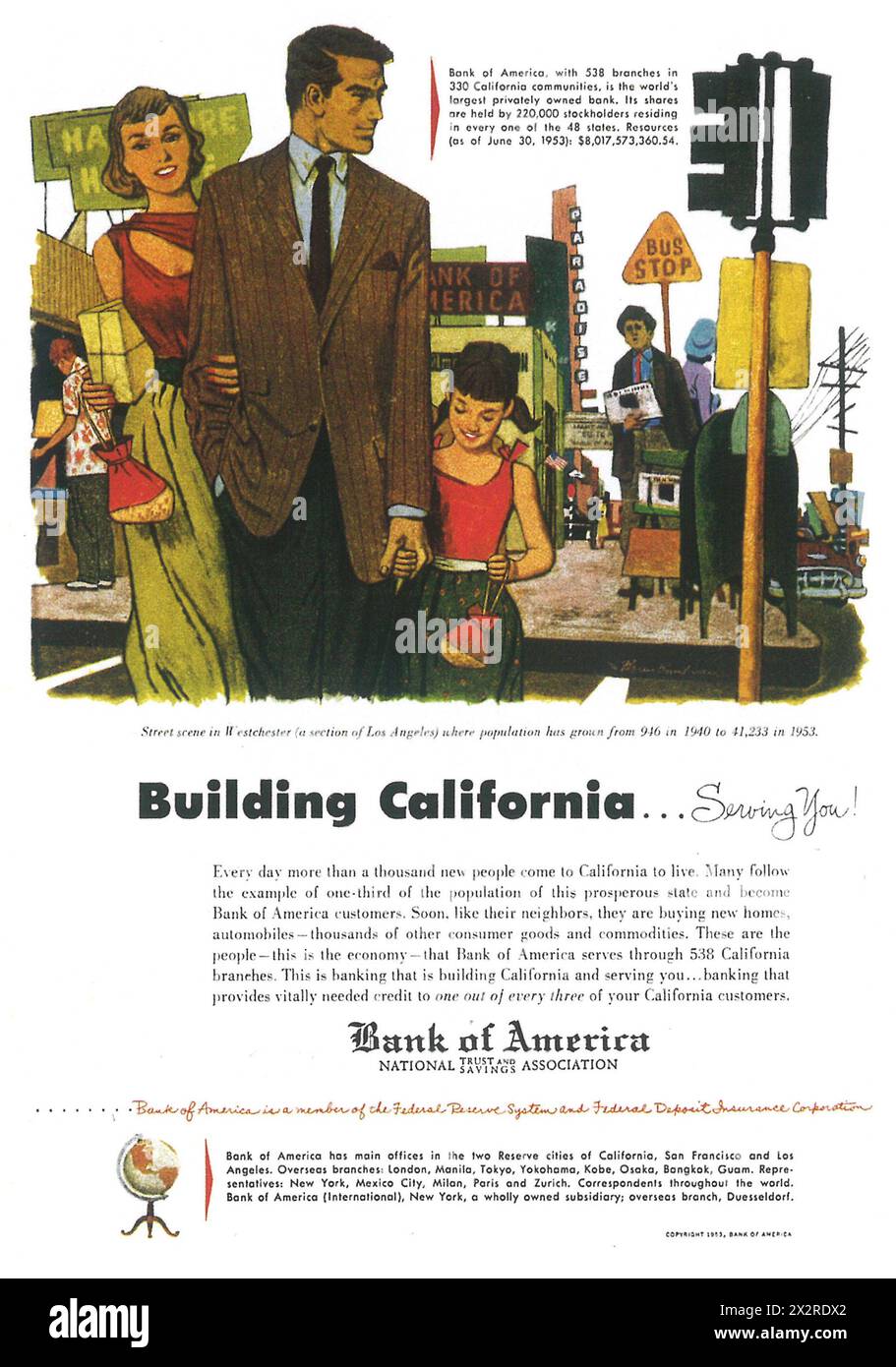 1953 Bank of America Print ad - 'Building California' - Westchester Los Angeles Foto Stock