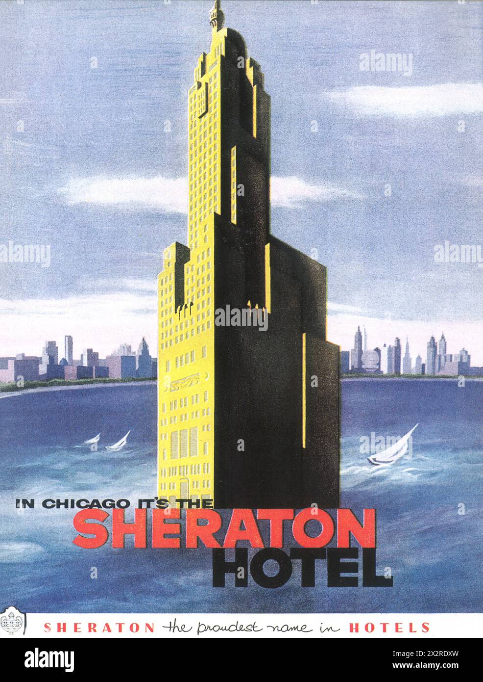 1955 Sheraton Chicago Hotel ad. Progettato dall'architetto Walter W. Ahlschlager, l'edificio ora appartiene all'InterContinental Chicago Magnificent Mile Foto Stock